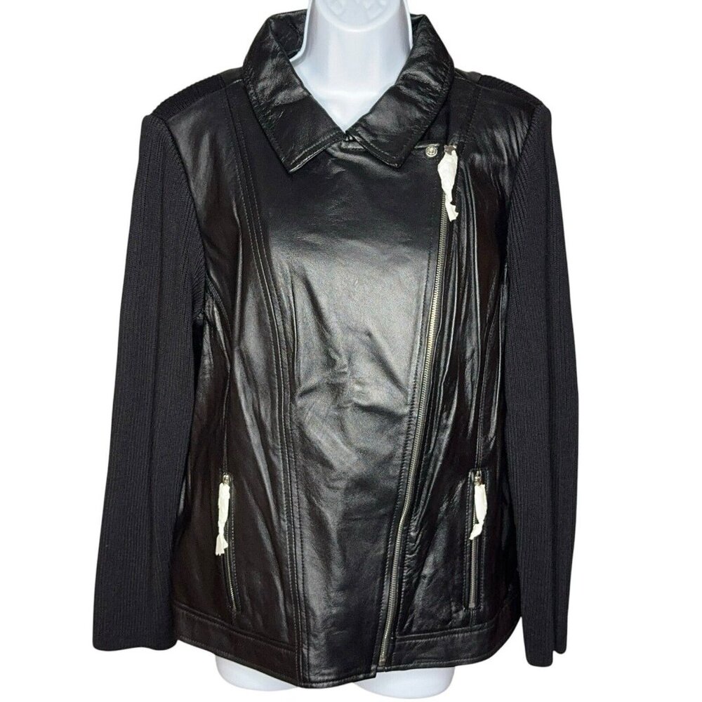 Leather Moto Jacket Zip Up Soft Black Knit Back Sleeves 18W Lined Casual Hip - Picture 5 of 16